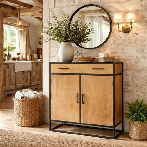 Petit meuble d'entrée en bois clair 2 portes RIVANO (1/5)