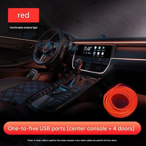 Kit Éclairage Ambiance LED Intérieur Voiture USB – Bande Lumineuse Néon pour Tableau de Bord et Portières Automobile Sans Câblage (Kit Rouge 1 vers 5 Tableau de Bord + 4 Portières USB) Rouge