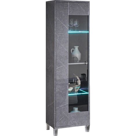 Vitrine 1 porte à Led bois gris effet marbre vernis et verre trempé Botela 52cm (1/2)