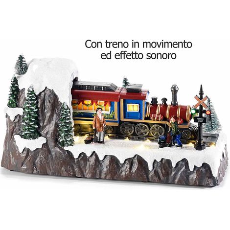Paesaggio natalizio con treno in movimento, luci LED e musica. Decorazione luminosa animata con treno che si muove su binari, cm 32 x 12,5 x 16 H