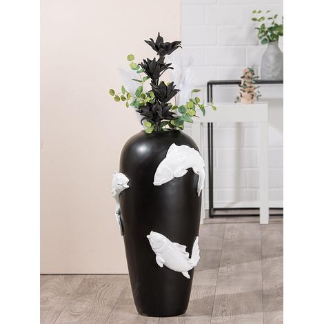 Grand Vase décoratif de Sol – Vase XXL avec Motif Poisson koï – Vase à Fleurs en résine – pour décoration du Salon – Couleur : Noir et Blanc – Hauteur : 73 cm (1/2)