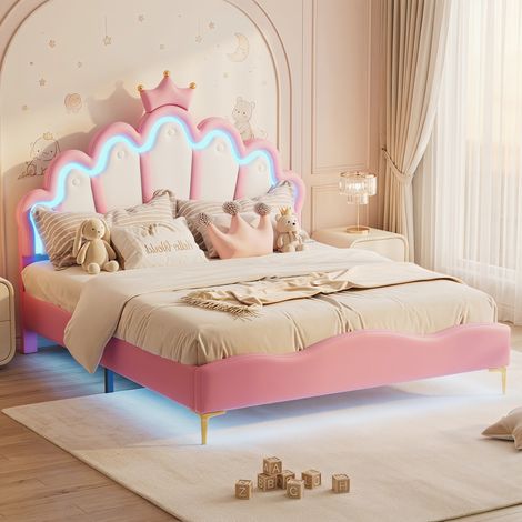 Lit fille 140x200 cm - Lit rembourré double - Tête de Lit Couronne Princesse - Lit Enfant avec LED - Sommier à Lattes- PU - Rose (1/5)