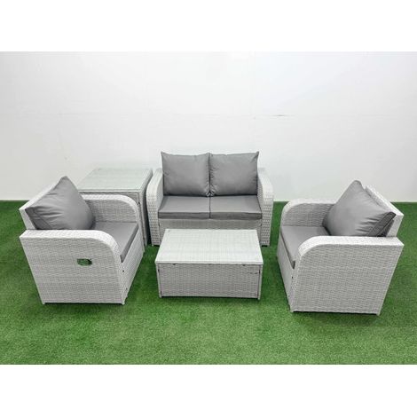 Fimous Light Grey PE Wicker Rattan Garden Furniture Set Sofa Set Reclining Adjustable Chair Rectangular Coffee Table 4 Seater With Side Table (1/4)