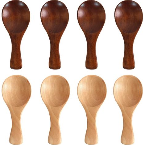 Juego de 8 cucharas de madera para leche, sal, minicucharilla, minicuchara, 2 colores, con mangos cortos, para especias, helado, condimentos, té, leche y pasteles. (1/5)