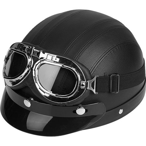 Casque moto scooter universel demi-visage cuir synthétique noir avec visière et lunettes UV (1/5)