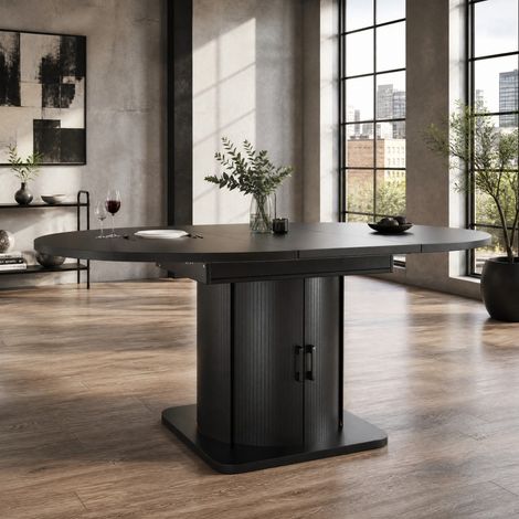 Ausziehbarer Esstisch 118-158 x 118 x 76 cm mit 4 Stühlen, MDF, schwarz und grau HAVRYA (1/5)