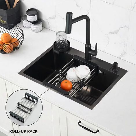 Evier Cuisine 1 bac Inox 60 x 45cm Noir–Evier de Cuisine Multifonction avec Égouttoir Robinet Cuisine avec 4 Modes de Pulvérisation (1/5)