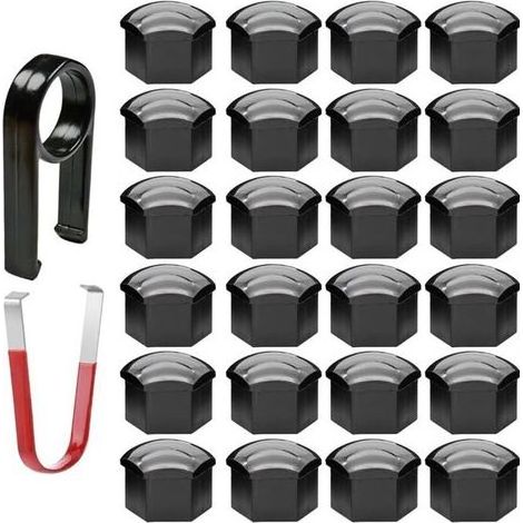 24pcs Capuchon d'écrou de Roue 17mm Capuchons d'écrou de Boulon de Roue, Cache-écrous de Pneu hexagonaux avec Ensemble d'outils de démontage pour Voitures (Noir) (1/5)