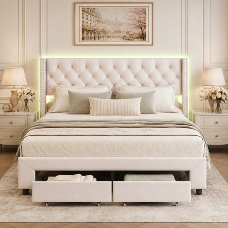 Lit 140x190 cm avec LED et 2 tiroirs, lit adulte avec chargement USB, lit double, lit 2 personnes, sommier à lattes, velours beige (1/5)