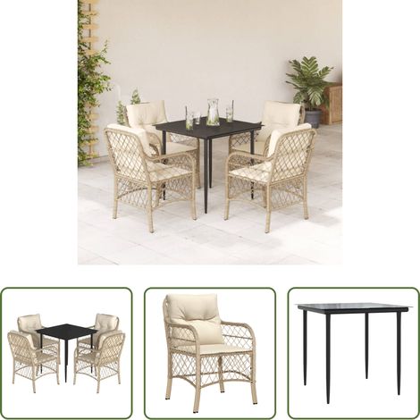 Gartenessgruppe - 5-tlg. Garten-Essgruppe mit Kissen Beige Poly Rattan (1/5)