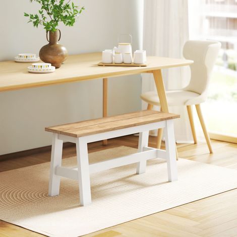 Banc 2 places, banc en bois aspect chêne, barre transversale de stabilisation, pour salon, salle à manger, couloir, bois d'hévéa, blanc (1/5)