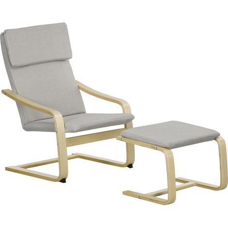 Ensemble 2 fauteuils lounge avec repose-pieds, tissu aspect lin, structure en bois d'eucalyptus, gris clair (1/5)