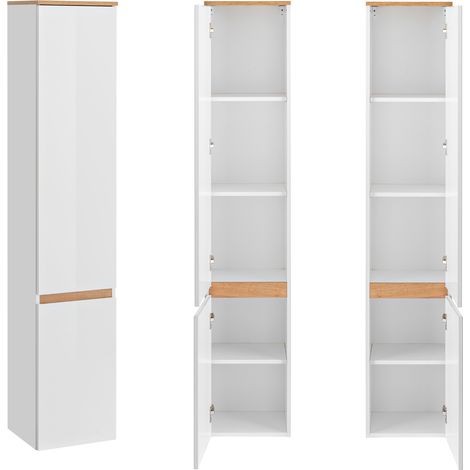 Badezimmer Hochschrank mit 2 Türen CAMPOS-56, Hochglanz weiß mit Wotaneiche, B/H/T: ca. 35/176/30 cm (1/5)