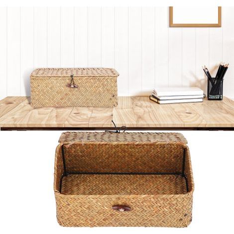 Natural Fiber Woven Storage Basket with Lid - Rectangular Desk Organizer (1/5)