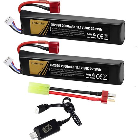 Lot de 2 batteries 11,1V Airsoft 2000mAh 30C rechargeables Stick Pack Batteries rechargeables Chargeur USB avec prise en T vers mini câble Tamiya pour pistolets Airsoft Modèle de fusil Gel Accessoires (1/5)