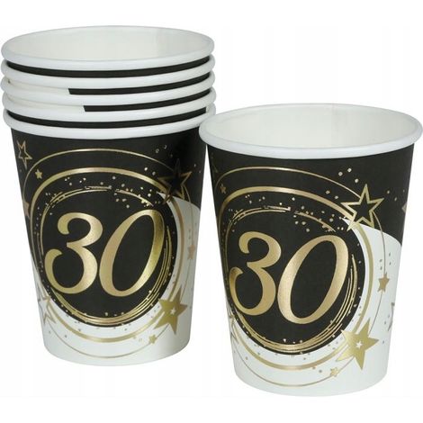 Bicchieri di carta per il 30° compleanno, edizione "Trenta oro e nero", 240 ml, confezione da 6 pezzi. (1/2)