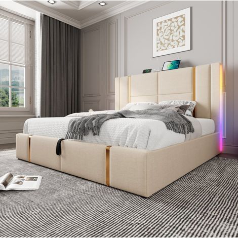 MEUBLIV Lit rembourré 140 x 200 cm avec LED RGB USB Type C coffre de rangement tête de lit en lin beige (1/5)