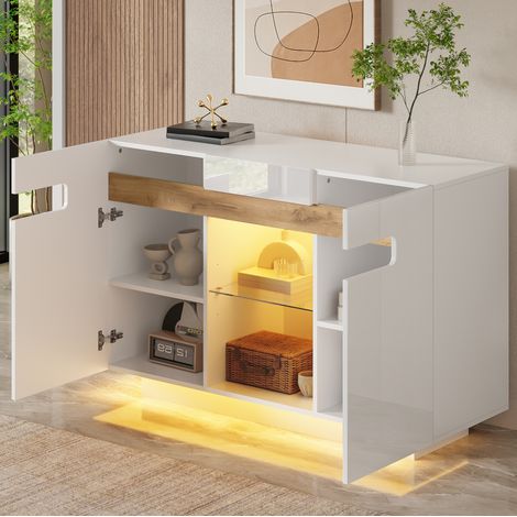 Aparador de almacenaje con LED 120 x 40 x 80 cm, vidrio templado, blanco y efecto madera DESVIAE (1/5)
