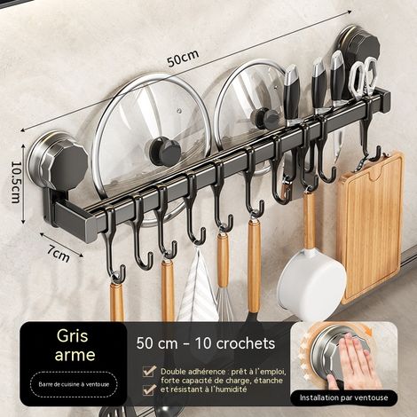 Rail mural de rangement de cuisine à ventouse multifonction sans perçage, barre de suspension pour spatule, cuillère, ustensiles de cuisine, 50 cm avec 10 crochets (1/2)
