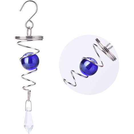 Boule de jardin en verre et acier inoxydable de style nordique, ornée d'une spirale bleue, idéale pour décorer terrasse et pelouse. (1/2)