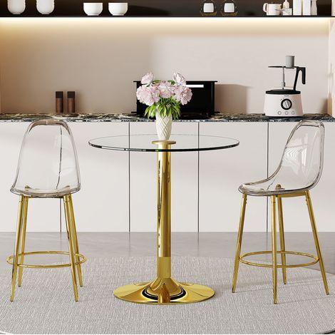 Bar-Set mit rundem Glastisch 89 cm und 2 transparenten Hockern, goldfarbenes Metallgestell (1/5)