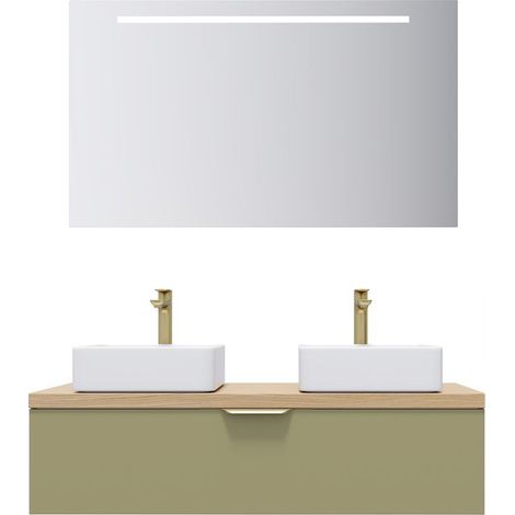 Meuble de salle de bain suspendu 2 vasques à poser 120cm 1 tiroir Vert olive + miroir - Venice (1/5)