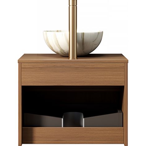 Mueble de baño 60 cm con lavabo cerámico blanco efecto piedra, cajón, estante LED y roble marrón (1/5)