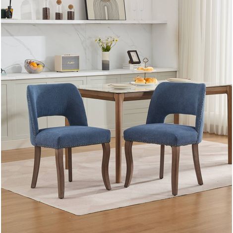 Esszimmerstuhl aus Chenille in Blau, gewolbte Lochrueckenlehne und Beine aus Massivholz,58×51×82.5cm (1/5)