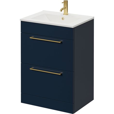 Napoli 460 Deep Blue 600mm 2 Drawer Vanity Unit with Angel Basin - 600mm - Brushed Brass 320mm Handle