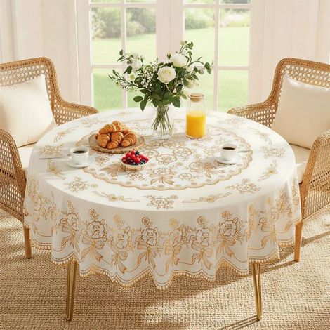 Mantel redondo de PVC con estampado floral en lámina dorada, Resistente al aceite y al calor, fácil de cuidar para mesas de cocina, Ø180 cm (1/4)