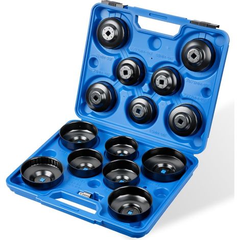 Set di 15 chiavi universali per filtri dell'olio, da 65 a 100 mm, con adattatori da 3/8" e 1/2" per tutti i tipi di filtri dell'olio professionali. (1/5)