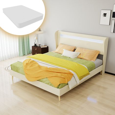 Lit rembourré moderne minimaliste avec tête de lit douce à LED intégrées, 160200 cm, beige, meuble de chambre multifonctionnel, base basse sans rangement (sans vérin à gaz), matelas 160200 cm inclus. (1/5)