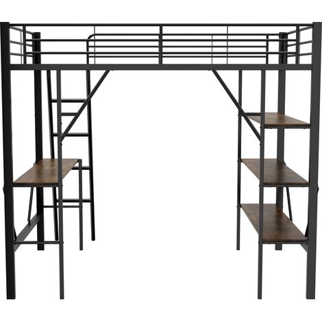 Metall-Hochbett 90 x 200 cm mit Schreibtisch und 3 Regalen, schwarz, MODENUIT (1/5)