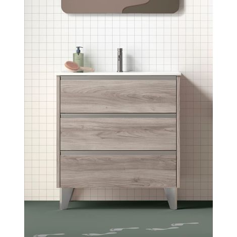 Mueble Baño al Suelo con Lavabo Cerámico  3 Cajones Cierre Amortiguado y Organizador  60 cm Pino Gris Tirador Cromo (1/5)