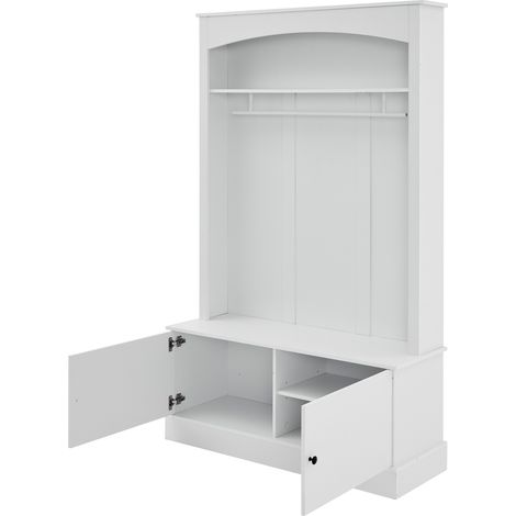 Porte-manteau blanc avec banc à chaussures et rangements réglables, meuble d'entrée multifonction en panneaux de particules (1/5)