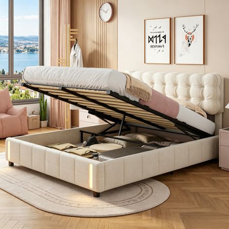 Lit 140x200 coffre, lit double, lit adulte en hydraulique avec LED, Cadre de Lits Capitonnée 2Personnes, tête de lit rangement en velours, Beige, sans matelas, MDF, avec barre de maintien (1/5)