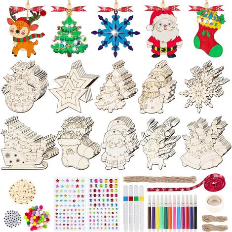 Decoration Noel Pendentifs en Bois, 322 Pièces Bricolage Noël Enfant Bois a Peindre, 10 Styles Décoration Suspension Sapin de Noel Kit, DIY Noël Bois Ornements Artisanat, Objets de Suspendre Deco (1/5)