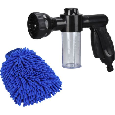 Pistolet mousse 8 buses réglables pulvérisateur eau polyvalent arrosage plantes jardin ABS caoutchouc noir bleu 100cc gants 6-10m (1/5)