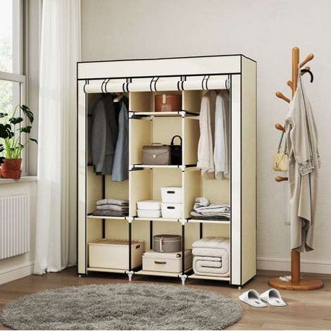 Armadio in Tessuto Crema 125x43x162,5 cm, 2 Aste e 8 Ripiani, Chiusura con Cerniera (1/5)