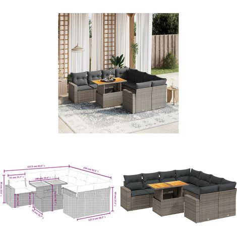 Salon de jardin 9 pcs avec coussins gris résine tressée - Ensemble Salon De Jardin - Meubles De Jardin - Salon Extérieur - Set Salon - Rotin Synthétique - Home & Living (1/3)