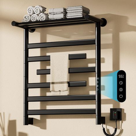 Badheizkörper Elektrisch 360W, Handtuchheizkörper Elektrisch 30-70 °C, 6 Stangen (3 Armen Drehbar 180°), Handtuchtrockner Elektrischer Handtuchwärmer mit Ablage, 66X55cm, Schwarz (1/5)