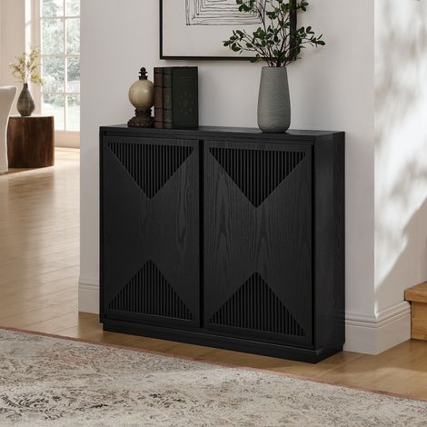 Buffet en forme de V de style moderne du milieu du siècle, avec espace de rangement, meuble d'appoint étroit pour salon, entrée, cuisine ou coin café, noir (1/4)
