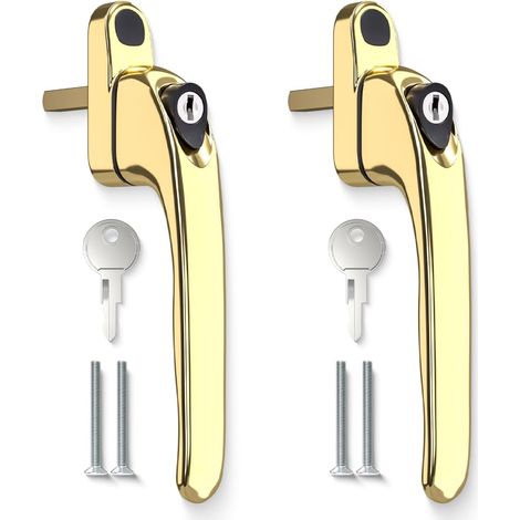 Lot de 2 - Poignée de fenêtre - Aluminium - Verrouillage sécurisé avec clé - Pour fenêtre PVC intérieur et extérieur - Doré - Axe 43 mm