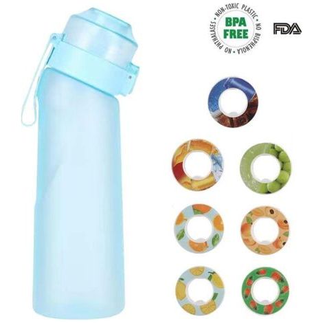 Bouteille d'arôme d'air 650ML, 7 saveurs différentes, bouteille de sport parfumée, sans BPA, 0 sucre, avec paille et brosse de nettoyage (bleu) (1/5)