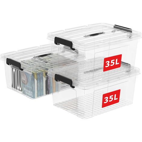 Boîte de Rangement, Bac de rangement avec Poignée, Plastique Organisateur avec Couvercle, Empilable, Transportable, pour Vêtements, Bureau, Chambre, Dortoirs, Transparent, 35L - Lot de 3 (1/5)