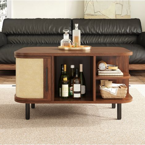 Mesa baja 80x60x46,5 cm roble con almacenamiento, superficie trenzada, MDF y metal MEUBLIV (1/5)
