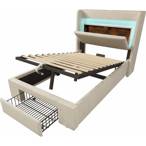 Lit rembourré 90x200 cm avec rangement hydraulique et tête de lit avec compartiment de rangement, éclairage LED, ports USB et USB-C, cadre de lit à lattes en bois, beige, lin, sans matelas (1/5)