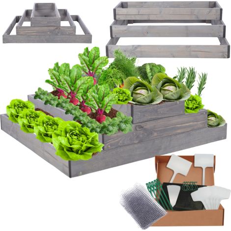 MODO24 ZP09 Carré potager surélevé en escalier modulable, bois de pin, herbes/légumes, jardin/terrasse/balcon, 27x117x90 cm, gris