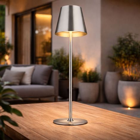 Lampada da tavolo a LED per esterni regolabile in altezza lampada da tavolo touch dimmer luce di lettura batteria balcone, metallo nichel, IP44, 3W 130Lm bianco caldo, DxH 11,2x47 cm