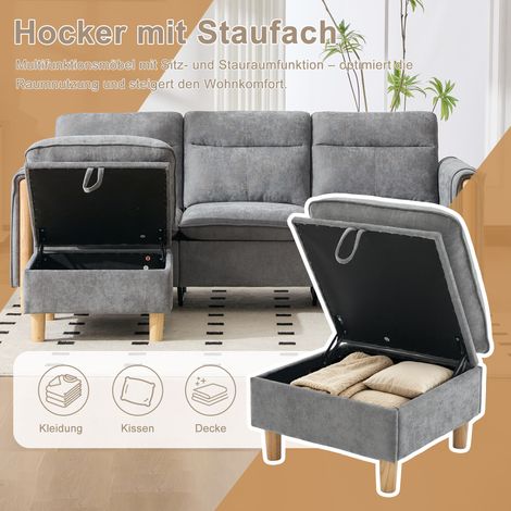 Canapé d'angle en tissu gris chenille, ensemble 3 places de style scandinave avec pouf de rangement, accoudoirs à poches latérales et pieds en bois, parfait pour salon ou petit espace. (1/5)